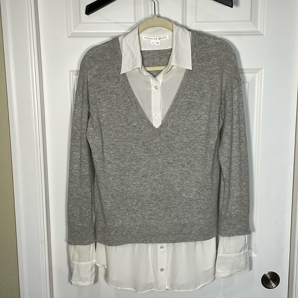 Veronica Beard Brami Mixed Media Sweater Size Medium Gray Knit V-Neck - Picture 1 of 17